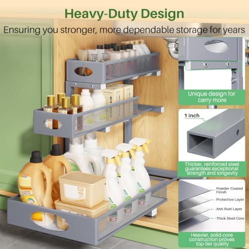 Kitstorack Under Sink Organizer 3-Tier Slide Out Drawer 1-Pack Grey