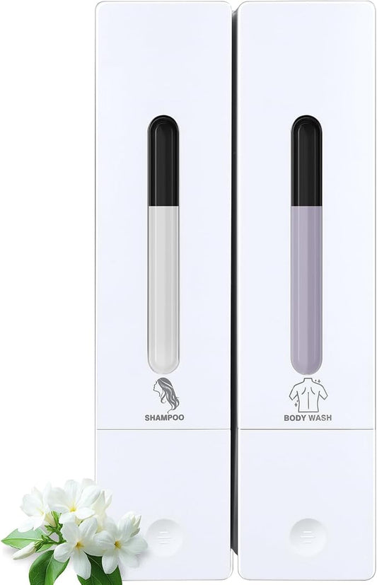 2 Chamber Shampoo and Conditioner Dispenser, No Drill Shower Soap, White | Refillable wall-mounted bottle set, BPA-free. 2x400ml. Bathroom, shower, hotel. Dispenses body wash, lotion, soap, gel.