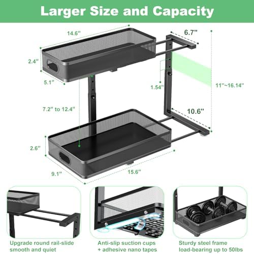 Under Sink Organizer 2 Pack, High Adjustable 2 Tier Under Sink Organizers and Storage, Slide out Metal Cabinet Organizers, Pull out Storage Drawer Shelf for Kitchen Bathroom Cabinet (Black)