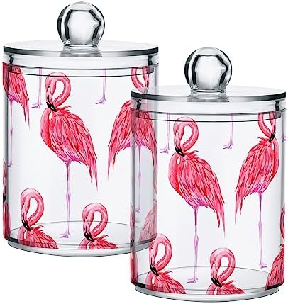 2 Pack Apothecary Jars Bathroom Pink Flamingo Qtip Holder Storage Canister Clear Plastic Jar with Lid for Cotton Ball, Cotton Swab