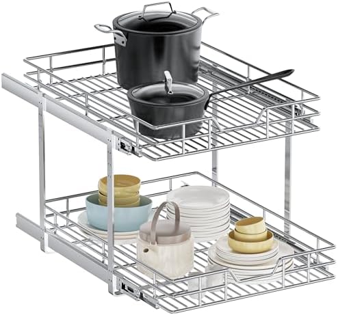 2-Tier Pull Out Cabinet Organizer, 25.5" W x 21.5" D, Heavy Duty Dual Slide Out Shelves for Wide Base Cabinets, Chrome Wire Basket Drawer for Pots, Pans, Pantry & Cleaning Supplies