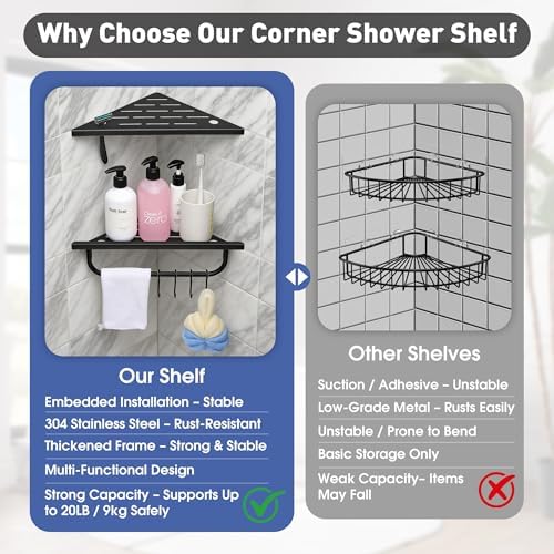 Corner Shower Shelf, 10'' Shower Corner Shelf with Towel Bar & Hooks, 304 Stainless Steel Recessed Bathroom Shelves, Grout in Bathroom Shower Shelf for Tiled Wall, 2-Pack (Matte Black)
