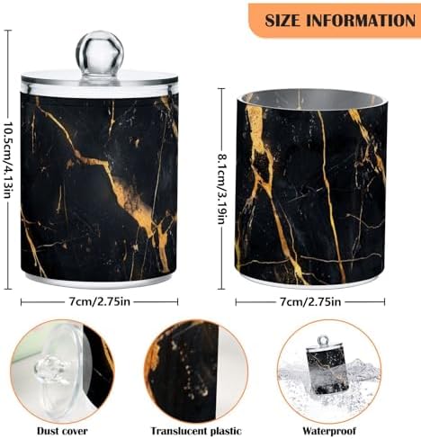 Fustylead 2 Pack Black Gold Marble Abstract Background Texture Plastic Apothecary Jar Set for Cotton Swab, Ball, Pad, Floss, Qtip Holder Dispensers for Bathroom Storage Organizer