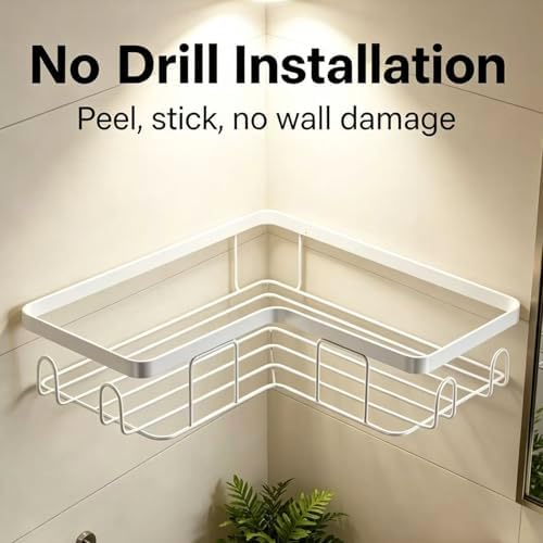 Shower Caddy 2 Pack, No Drilling Adhesive Bathroom Organizer Shelf Rack, Corner Shower Shelf with Hooks for Home Decor & Storage
