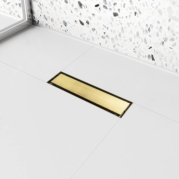 Linear Shower Drain, 12 inch Gold Drain with Tile Insert 2-in-1 Panel, Brushed 304 Stainless Steel Gold Shower Floor Drain, Linear Drain with Hair Strainer and Adjustable Feet
