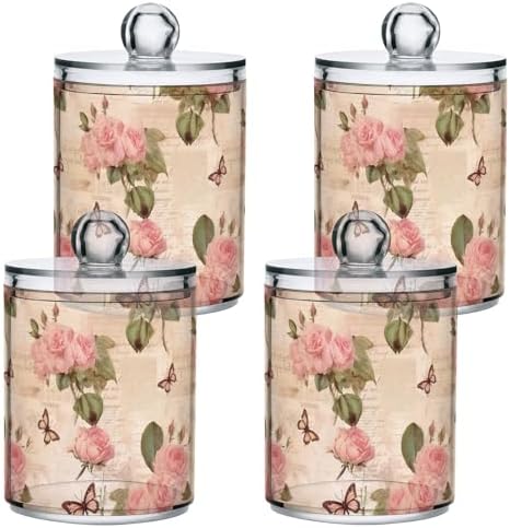 4 Pack Qtip Holder Dispenser with Lids - Vintage Paper Roses Butterfly Plastic Storage Containers - Bathroom Canisters Organizer for Cotton Swab, Cotton Round Pads, Floss 21215190
