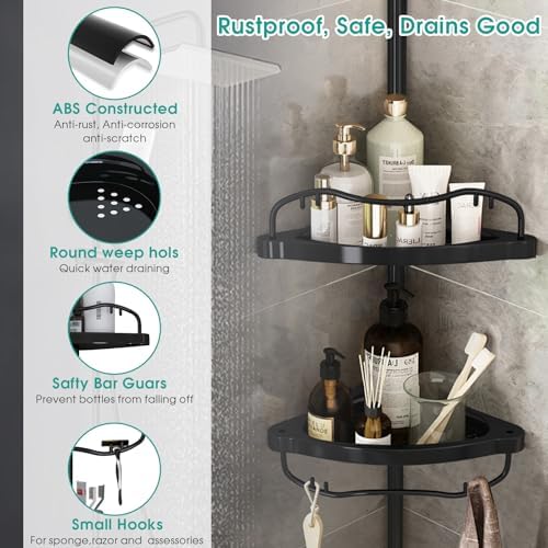 Lilyvane Corner Shower Caddy: Rustproof 125" Tension Inside Shower Organizer, Adjustable Bathroom Organizer Shelves for Bathtub Shampoo Conditioner Storage, Floor to Ceiling Standing Caddy