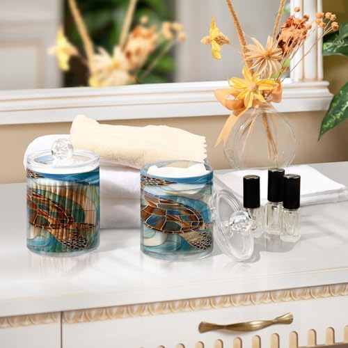 ALAZA Sea Turtle Abstract 4 Pack Qtip Holder Dispenser for Cotton Swabs, Balls, Pads, Floss 10 oz Plastic Canister Organizer