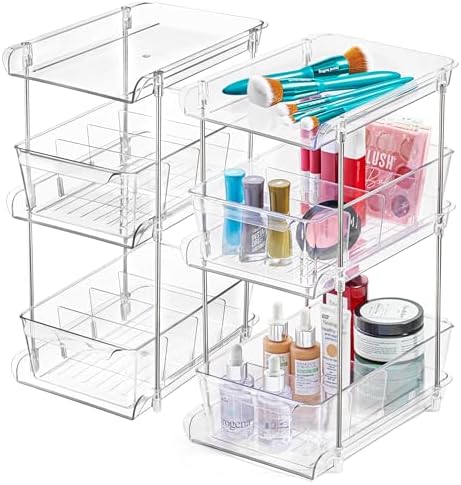 3 Tier Clear Under Bathroom Sink Organizer Pull Out Drawer | Bathroom Cabinet Under Sink storage | Under Vanity Organizer | Medicine Cabinet Storage | (2 Pack)