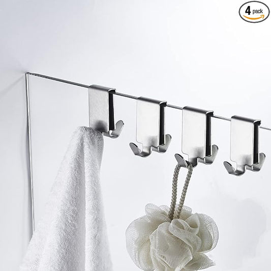Double Hooks for Glass Shower Door, Towel Hooks Over The Bathroom Glass Wall 0.31-0.39in, Stainless Steel, Brushed,4 Pack.