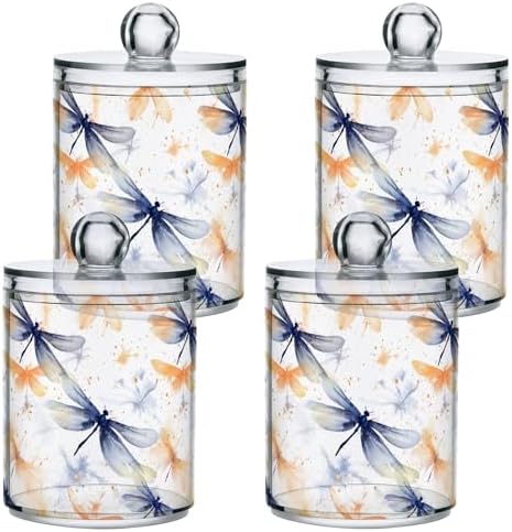 2 Pack Qtip Holder Dispenser with Lids, Watercolor Dragonfly Plastic Storage Containers, Bathroom Canisters Organizer for Cotton Ball, Swab, Round Pads, Floss