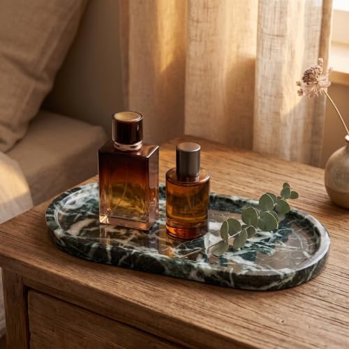 YKAJO Snowflake Green Oval Marble Tray, 11.8x5.9 Vanity Perfume Organizer
