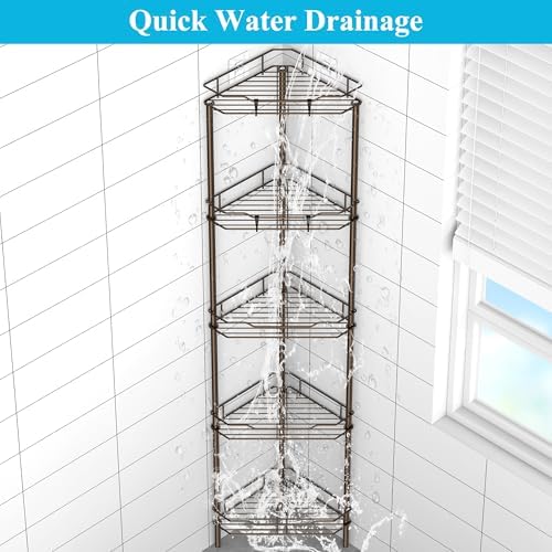 HuggieGems Metal Floor Standing Corner Shower Caddy, Bronze, 5 Tier