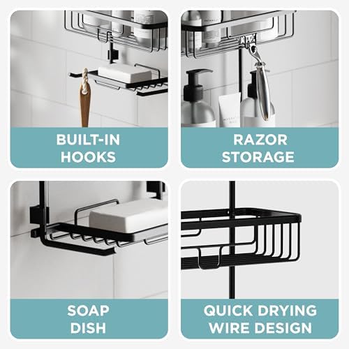 Zenna Home Rustproof Hanging Shower Caddy, Over the Shower Head Caddy with 2 Shelves and Built In Hooks, Aluminum Bathroom Hanging Organizer, Black