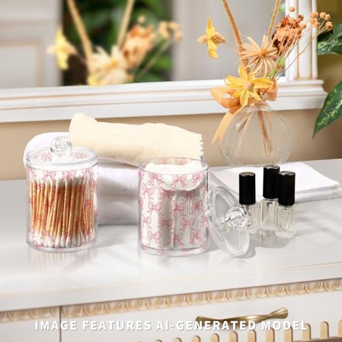4 Pack Qtip Holder Dispenser with Lids, Cute Pink Bows Plastic Storage Containers, Bathroom Canisters Organizer for Cotton Swab, Cotton Round Pads, Floss 21219887