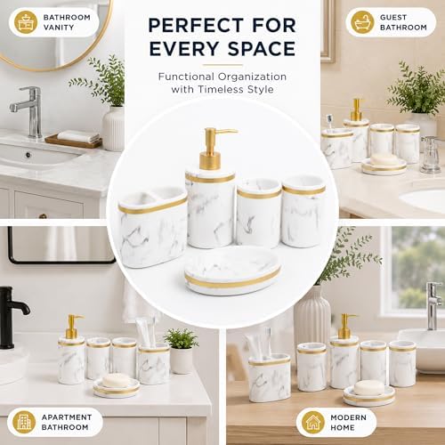 5-Piece Bathroom Counter Top Accessory Set - Dispenser for Liquid Soap or Lotion, Soap Dish, 2 Tumblers and Toothbrush Holder, Marble Pattern Resin (Classic White)