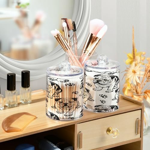 senya Clear Plastic Jars Cotton Swabs Cans, Bulldog Dog Paw Print Bathroom Canisters Storage Organizer with Lids 2PCs Set for Cotton Ball, Cotton Swab, flossers, Hair Bands