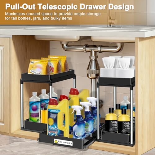 NIUXX Expandable Under Sink Organizer: 2 Tier Under Cabinet Organizer - Double Pull Out Shelf Under Sink Storage for Kitchen - Bathroom and Laundry Room - Space Saving