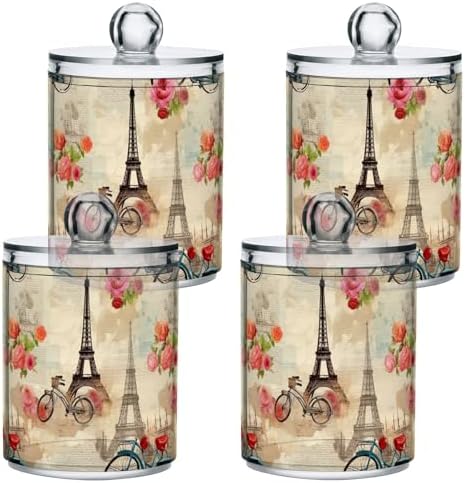 2 Pack Qtip Holder Dispenser with Lids, Eiffel Tower Bicycle Plastic Storage Containers,Bathroom Canisters Organizer for Cotton Ball, Swab, Round Pad, Floss 21215271