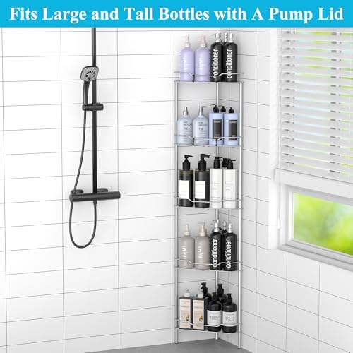 HuggieGems Metal Floor Standing Corner Shower Caddy, Silver, 5 Tier