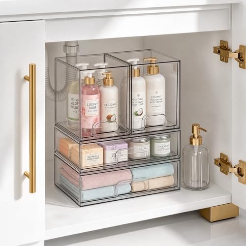 TIPGO Clear Stackable Storage Drawers, Baby Bottle Organizer, Easily-Access Makeup Organizer, Durable Containers for Bathroom Countertop, Cabinet, Pantry and Medicine Organization