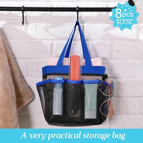 8 Packs Large Mesh Shower Caddy with 8 Pocket and Handle, Blue