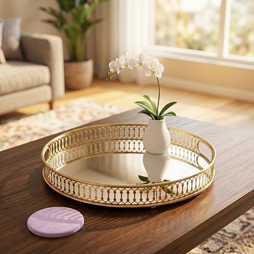 Yikinip12 Inch Round Glass and Gold Round Tray Set of 2，Dinner Plate Perfume and Vanity Tray - Decorative Mirrored Vanity Tray with Gold Metal Cutout Design, Jewelry Organizer (12 Inch Round Set of 2)
