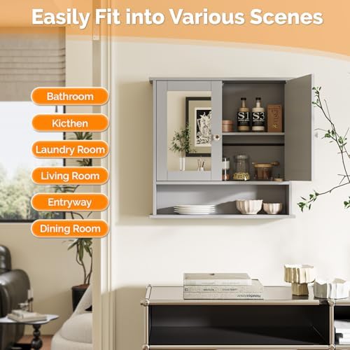 VINGLI Medicine Cabinet with Mirror, Grey Wall Mounted Bathroom Cabinet with Open Shelf, 2-Door Hanging Storage Organizer Over Toilet, Adjustable Shelves for Vanity, Entryway, 22x23 Inch