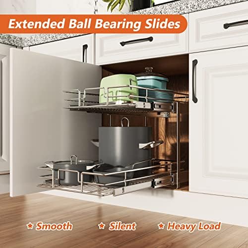 ROOMTEC Individual Pull Out Cabinet Organizer (11"W x 21"D), 2 Tier Spice Rack Organizer for Cabinet, Slide Out Drawer Pantry Shelf Organization and Storage for Kitchen Bathroom