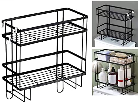 Toilet Shelf, Thickening Waterproof Multifunctional Double Layer Storage Rack, Large Capacity Nail Free Installation Organizer Rack, Stylish Iron Bathroom Organizer Over Toilet(Double Layer Black)