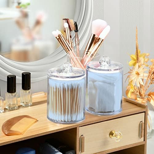 SHJI Light Steel Blue Qtip Holder Organizer Dispenser Cotton Swabs Cans Plastic Jars with Lid Set 2 Pack Bathroom Storage Canister for Cotton Ball Floss Cotton Pads