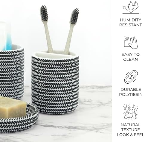 ZCCZ Black and White Bathroom Accessories Set, 4 Pieces - Toothbrush Holder, Soap Dispenser, Vanity Tray, Tumbler - Countertop Organizer for Bathroom Decor - Modern Accessory Set for Home and Office
