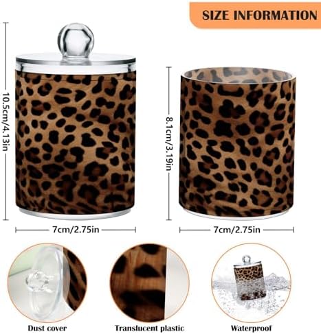 4 Pack Apothecary Jars Bathroom Leopard Print Qtip Holder Dispenser Clear Plastic Storage Canister Jar with Lid for Cotton Ball, Cotton Swab
