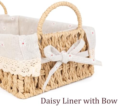 Wicker Storage Baskets with Handle and Liner, Rectangular Natural Paper Rope Woven Shelf Baskets for Organizing, Storage Bins Organizers for Living Room Bedroom Bathroom Tabletops(Set of 2)