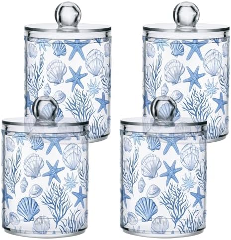 ALAZA Seashell Coral Starfish Blue 2 Pack Qtip Holder Dispenser for Cotton Swabs, Balls, Pads, Floss 10 oz Plastic Canister Organizer