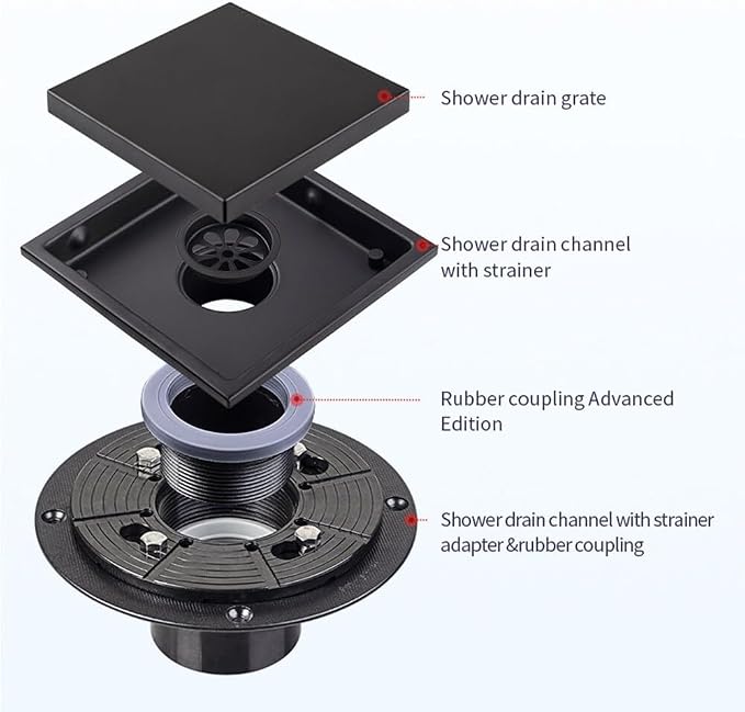 ELLO&ALLO 6 Inch Square Shower Drain Black Floor Drain with Flange Reversible 2-in-1 Cover Tile Insert Grate Removable SUS304 Stainless Steel Matte Black