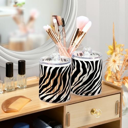 ALAZA White Black Print Zebra 4 Pack Qtip Holder Dispenser for Cotton Swabs, Balls, Pads, Floss 10 oz Plastic Canister Organizer