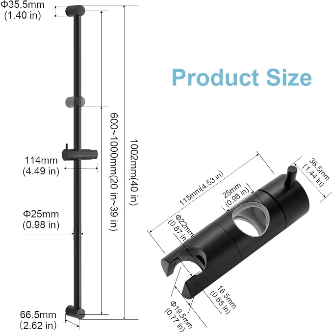 OFFO Shower Slide Bar 40 in Adjustable Installation Distance 20-39 in with 360° Adjustable Handheld Shower Head Holder for Bathroom, Screw Wall Mounted, Matte Black