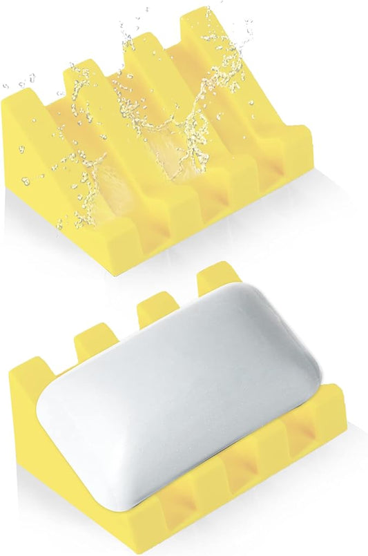 Self Draining Silicone Soap Dish Holder Waterfall Tray, 2 Pack Yellow