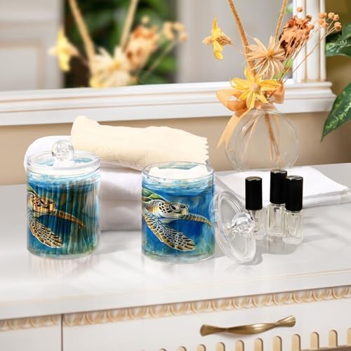 MNSRUU 2 Pack Qtip Holder Organizer Dispenser Watercolor Turtle Blue Bathroom Storage Canister Cotton Ball Holder Bathroom Containers for Cotton Swabs/Pads/Floss