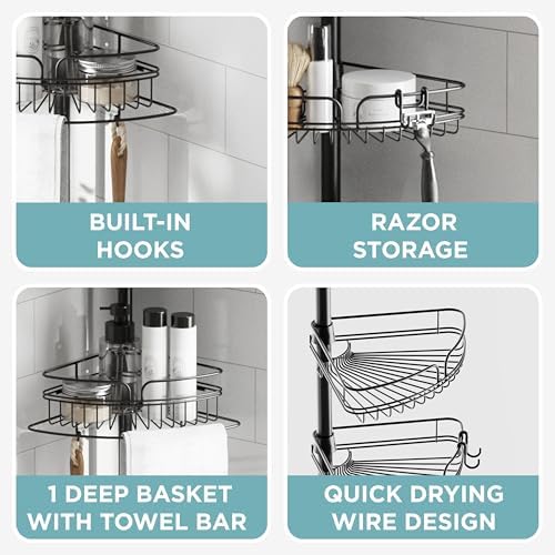 Zenna Home Tension Pole Shower Caddy Corner Organizer, Adjustable Standing Shower Caddy with 4 Baskets and Built in Towel Bar, Rust Resistant Bathroom Tension Rod Organizer, 60 to 97 Inch, Matte Black