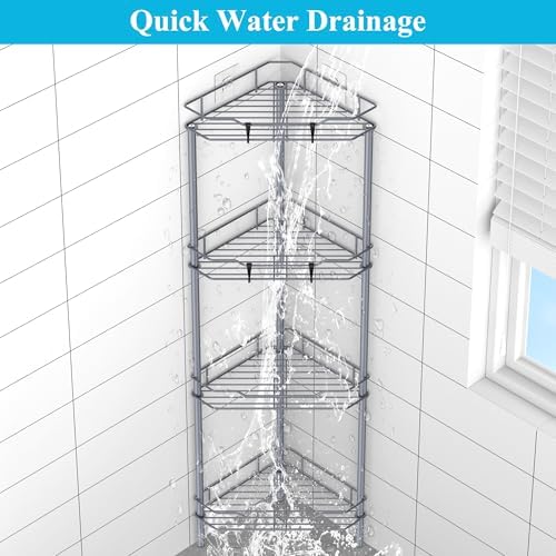 HuggieGems Metal Floor Standing Corner Shower Caddy, Dark Gray, 4 Tier