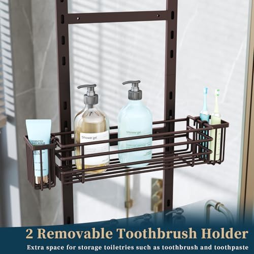 Consumest Over The Door Shower Caddy - 5 Tier Adjustable Shower Organizer Hanging with 2 Toothbrush Holders & 4 Hooks, Rustproof Organizer Shelf, Storage Rack for Bathroom, Bronze