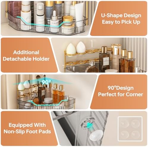 Corner Bathroom Counter Organizer with Makeup Brush Holder & Toothbrush Holders, Makeup Organizer for Vanity Countertop, Acrylic Skincare Storage Shelf (Grey, 2-Tier)