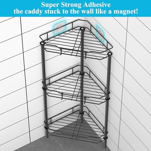 HuggieGems Metal Floor Standing Corner Shower Caddy, Black, 3 Tier