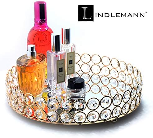 Crystal Decorative Tray Metal Mirrored Perfume Cosmetic Organizer Jewelry Trinket Display Storage Vanity Trays Home Décor Accents Luxury Gift (Round, 10in, Gold)