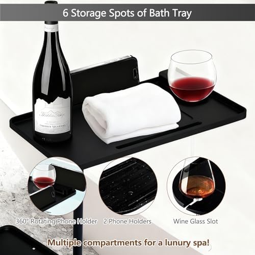 3 Layer Bathtub Tray Table,Bamboo Swivel Bathtub Side Table Height Adjustable,Freestanding Bathtub Tray for Tub Against Wall,Bathtub Accessories&Bathroom Organizer for Luxury Home Spa (Black1)
