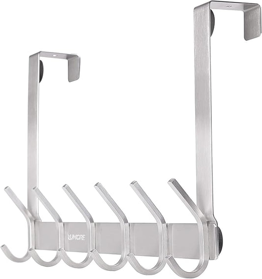 YUMORE Over The Door Hooks, SUS304 Stainless Steel Heavy Duty Door Hanger for Coats Robes Hats Clothes Towels, Hanging Towel Rack Organizer, Easy Install Space Saving Bathroom Hooks, Brushed Finish