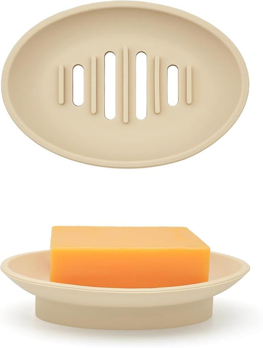 2 Pack Soap Bar Holder, Small Oval Silicone Soapdish Soap Tray for Shower/Bathroom Sink/Kitchen Counter/Bathtub, Non-Slip Central Raised Ridges Soap Stand Dish with Long Slotted Drain Holes