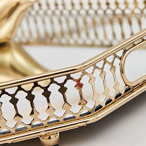 Vintage Gold Mirror Tray,Rectangle(13.8x9.8in) Ornate Geometric Brass Plated and Glass Display Storage Organizer,Jewelry Perfume Makeup Organizer Tray, for Dresser, Bathroom, Bedroom